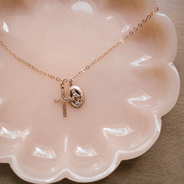 Floral Cross & Miraculous Medal Necklace