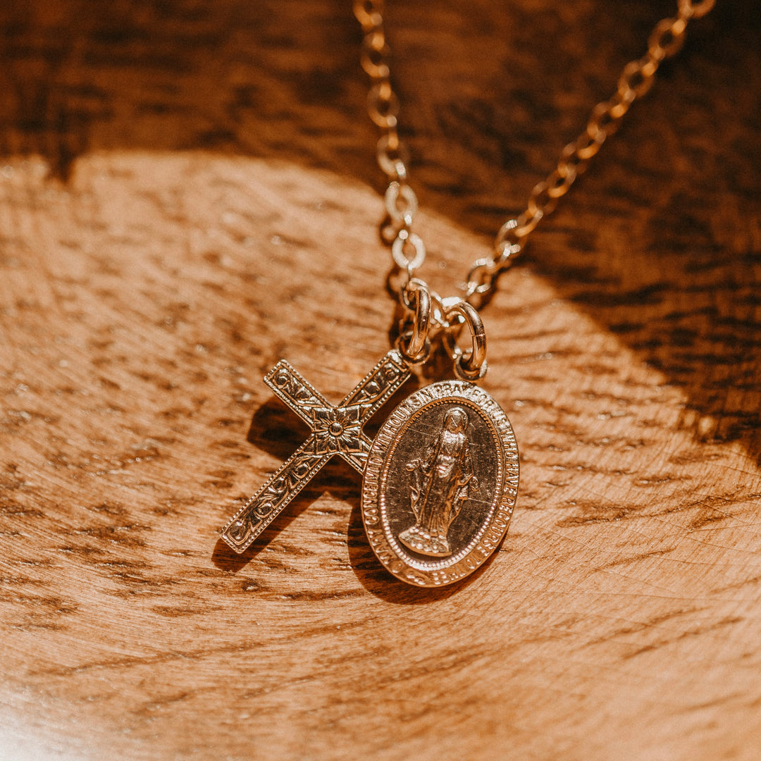 Floral Cross Miraculous Medal Necklace