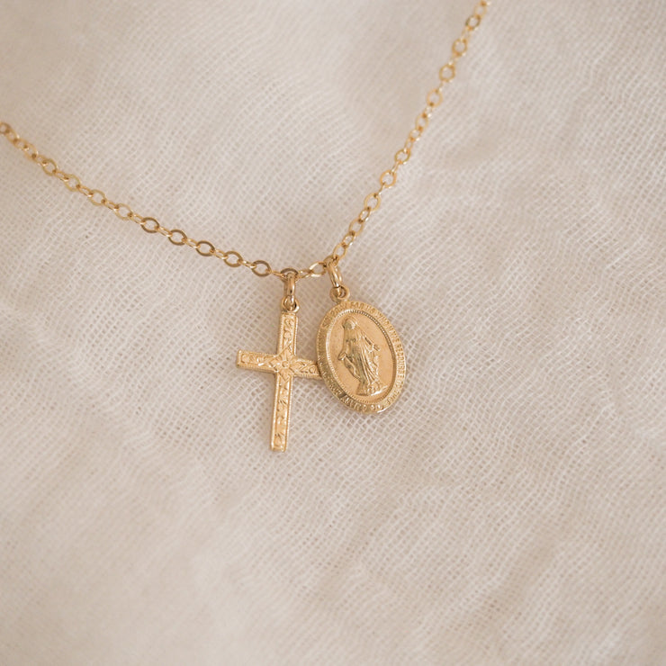 Floral Cross & Miraculous Medal Necklace